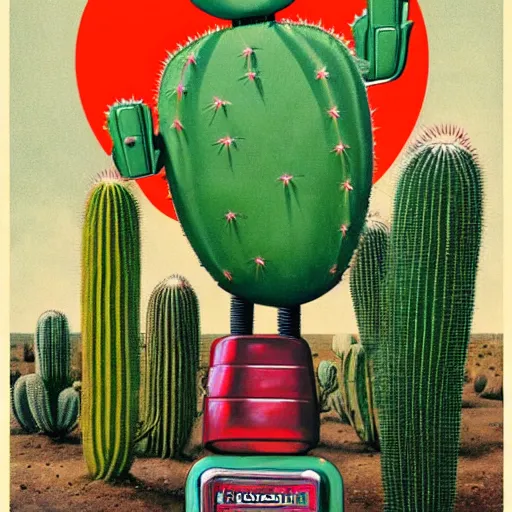 Image similar to full body shot shot of a 1950s retro Cactus robot, with space above the head. full body. Bionic cacti Arms and eyes. pop surrealism, poster art, muted colours. by Jean-Baptiste Monge, wide shot