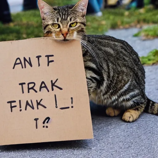 Image similar to a tabby cat holding a sign that says