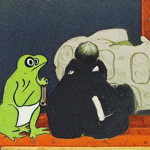 Prompt: pesta i trappen by theodor severin kittelsen, pepe the frog