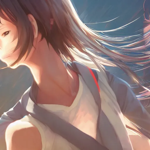 Image similar to a girl is running, sport clothing, anime style, short hair, hair down, symmetrical facial features, from arknights, hyper realistic, 4 k, rule of thirds, extreme detail, detailed drawing, trending artstation, realistic lighting, ultra hd, by alphonse mucha, greg rutkowski, sharp focus, backlit, real faces, realistic anatomy