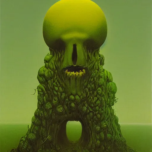 Image similar to Angry Swiss Cheese, dark fantasy, yellow and green, artstation, painted by Zdzisław Beksiński and Wayne Barlowe