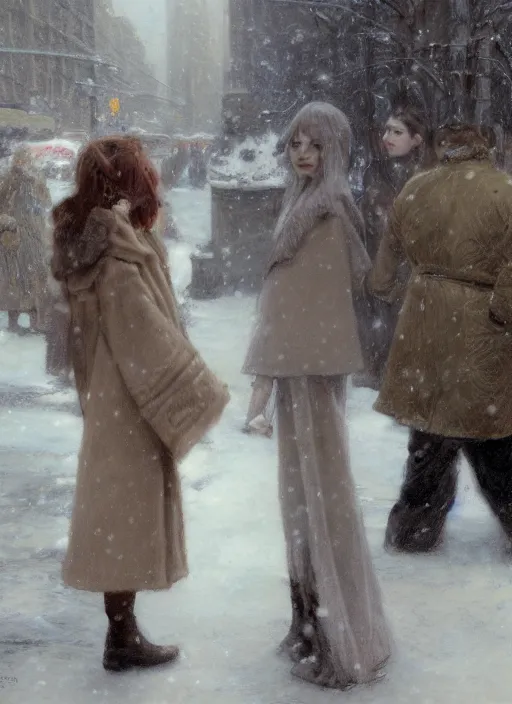 Image similar to back of emma stone in beige coat, talking to timothee chalamet in new york winter, snow, artwork by gaston bussiere, craig mullins, trending on artstation