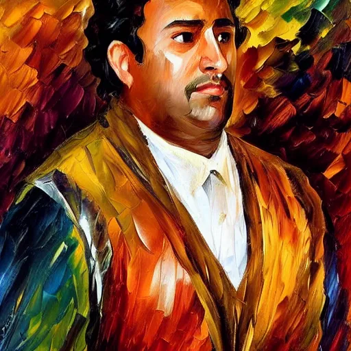 Image similar to portrait of a middle aged ancient nobleman with a long face, brown skin and long brown hair. by leonid afremov
