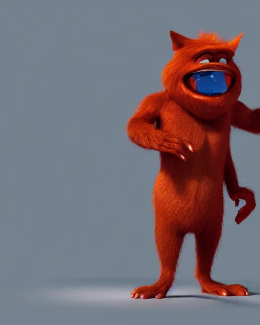 Image similar to 3 d render of completely red hairy friendly antropomorphic cartoony creature wearing chrome shades, without nose, full body, in the style of pixar, white background, unreal engine 5, octane render, highly detailed hdr