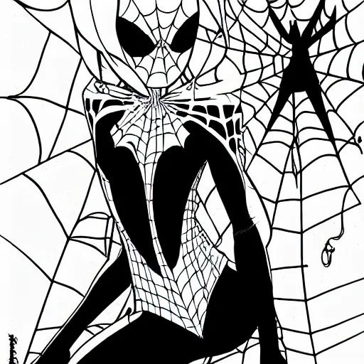 Prompt: Beautiful lineart drawing of Spider-gwen, black ink, manga style, cross-hatchings