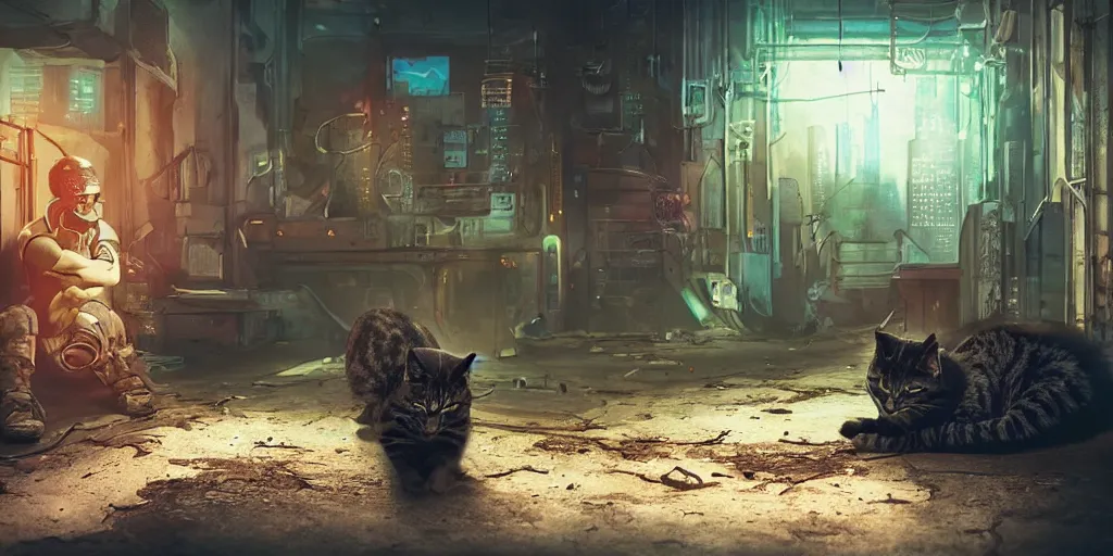 Prompt: cyberpunk cat and normal cat, brothers, fallout 5, studio lighting, deep colors, apocalyptic setting