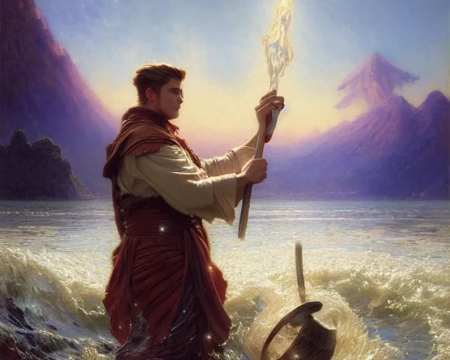 Image similar to attractive male wizard casting powerful giant tsunami spell in a beautiful lake. highly detailed painting by gaston bussiere, craig mullins, j. c. leyendecker 8 k