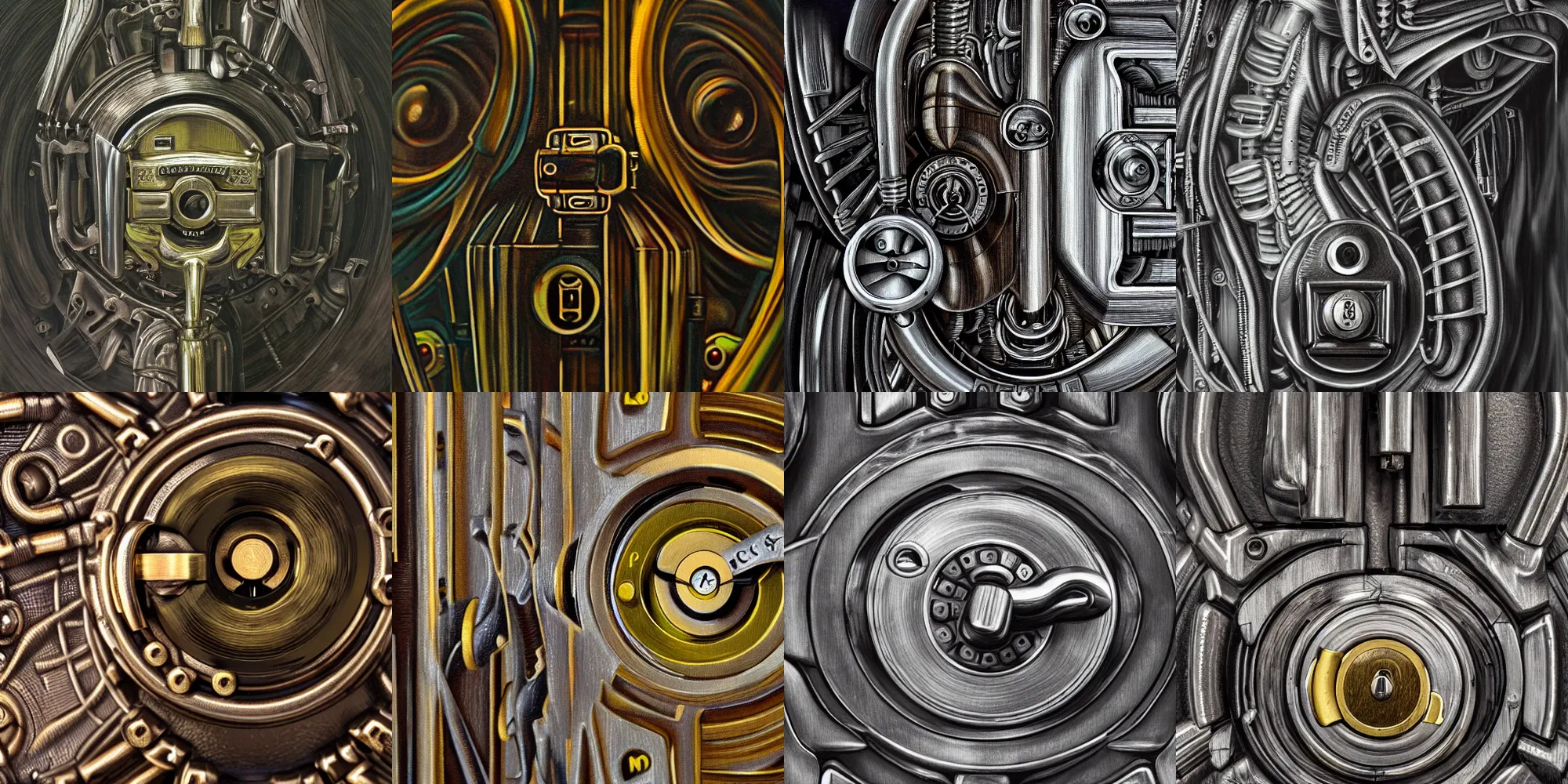 Image similar to closeup of Mechanical Lock, HD, award winning, in style of giger, biomechanics, biomechanical, film grain, medium format, 8k resolution, oil on canvas