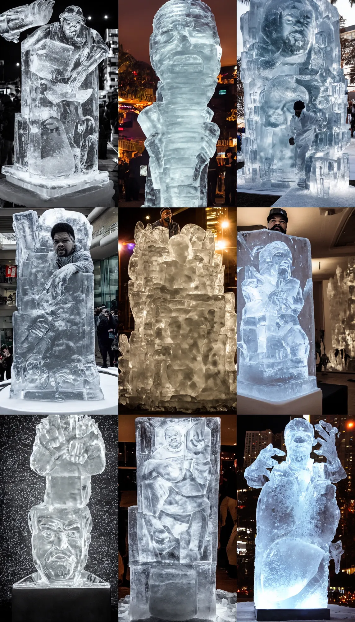 Prompt: dramatic photo, ice sculpture that looks like the rapper'ice cube ', full body, wide shot