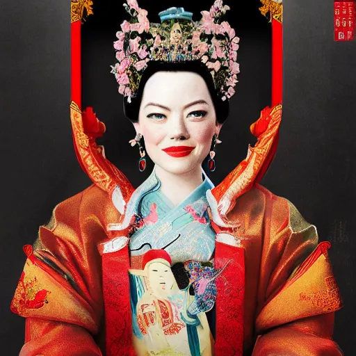 Prompt: portrait of emma stone dressed as a chinese queen pre - era, hyper detailed, award winning