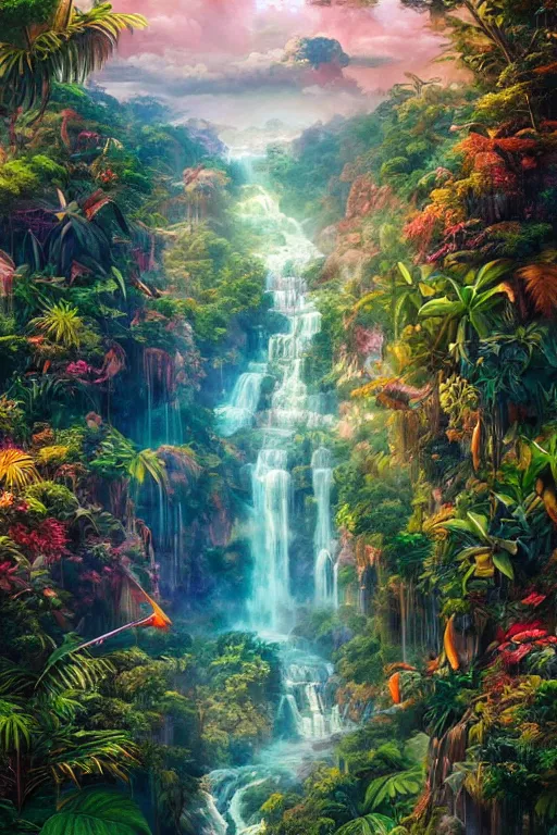 Image similar to aerial view of a colorful jungle with rivers and waterfalls, by artgerm, tom bagshaw, gerald brom, vaporwave colors, lo - fi colors, vaporwave, lo - fi, moody vibe, goth vibe, full body,