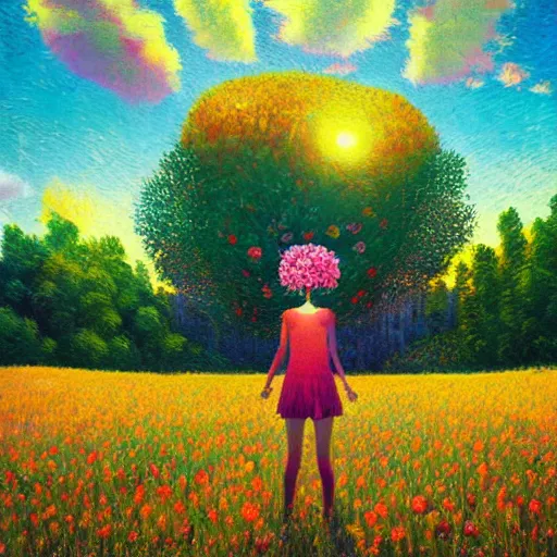 Image similar to girl with surreal exploding flower head, standing in flower field, big trees, sunrise dramatic light, impressionist painting, colorful clouds, digital painting, pointillism, artstation, simon stalenhag