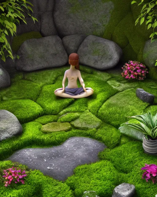 Image similar to hyper realistic render of a heavenly garden of peace, filled with trees, stone slab, flowers, moss, ferns, a girl meditating at a distance, trending on artstation, volumetric lighting, hyper realistic, hyper detailed, high quality render, blender guru