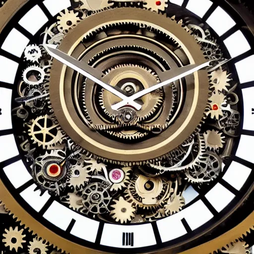 Prompt: a close up of a clock with many gears, a flemish baroque by takashi murakami, behance, kinetic art, steampunk, skeuomorphic, made of liquid metal