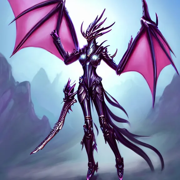 Prompt: extremely detailed fanart of a goddess that's a giant beautiful stunning anthropomorphic robot female dragon, standing majestically over mountains, elegant pose, shiny silver metal armor, fuchsia skin below the armor, sharp metal claws, long elegant tail, two massive metal wings on her back, warframe fanart, high quality digital art, furry art, furaffinity, DeviantArt, 8k HD