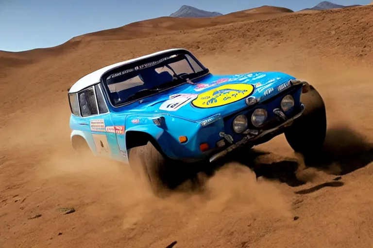 Prompt: 1 9 7 4 alpine a 1 1 0 fj 4 0, dakar rally footage, speed, bladerunner