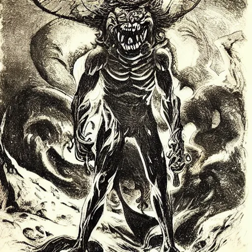 Image similar to Print. a large, muscular demon-like creature with wings, standing in a dark, hellish landscape. The creature has red eyes and sharp teeth, and is holding a large sword in one hand. Eraserhead by Norman Lindsay, by David Wiesner eclectic