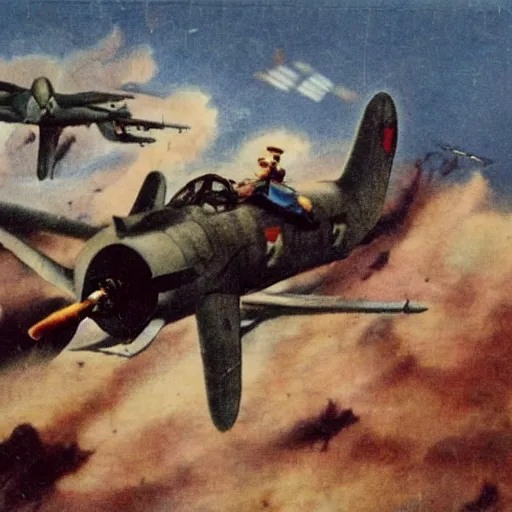 Image similar to photo of Japanese dogfighters in an aerial battle against a giant oriental dragon, world war 2, Color,