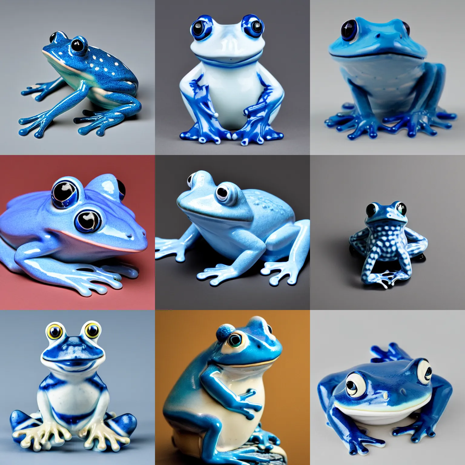 Prompt: a frog made of blue and white porcelain. soft studio light