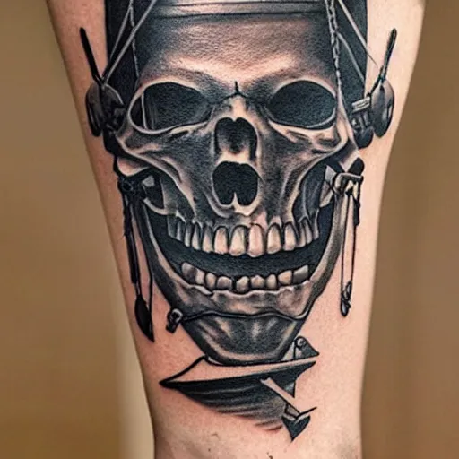 Prompt: realism tattoo print of a pirate ship, by Matteo Pasqualin tattoo artist, on white paper