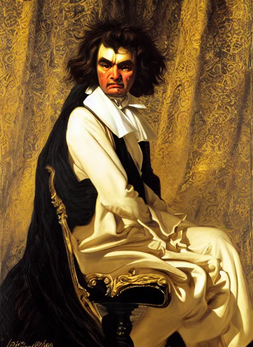 Prompt: highly detailed oil painting | very intricate | cinematic lighting | black, white and gold color scheme, dark background | the beast ludwig van beethoven in meditation | by roberto ferri, by gustav moreau, by singer sargent and klimt, american romanticism, occult art | by austin osman spare, artstation, cgsociety, official art, octane