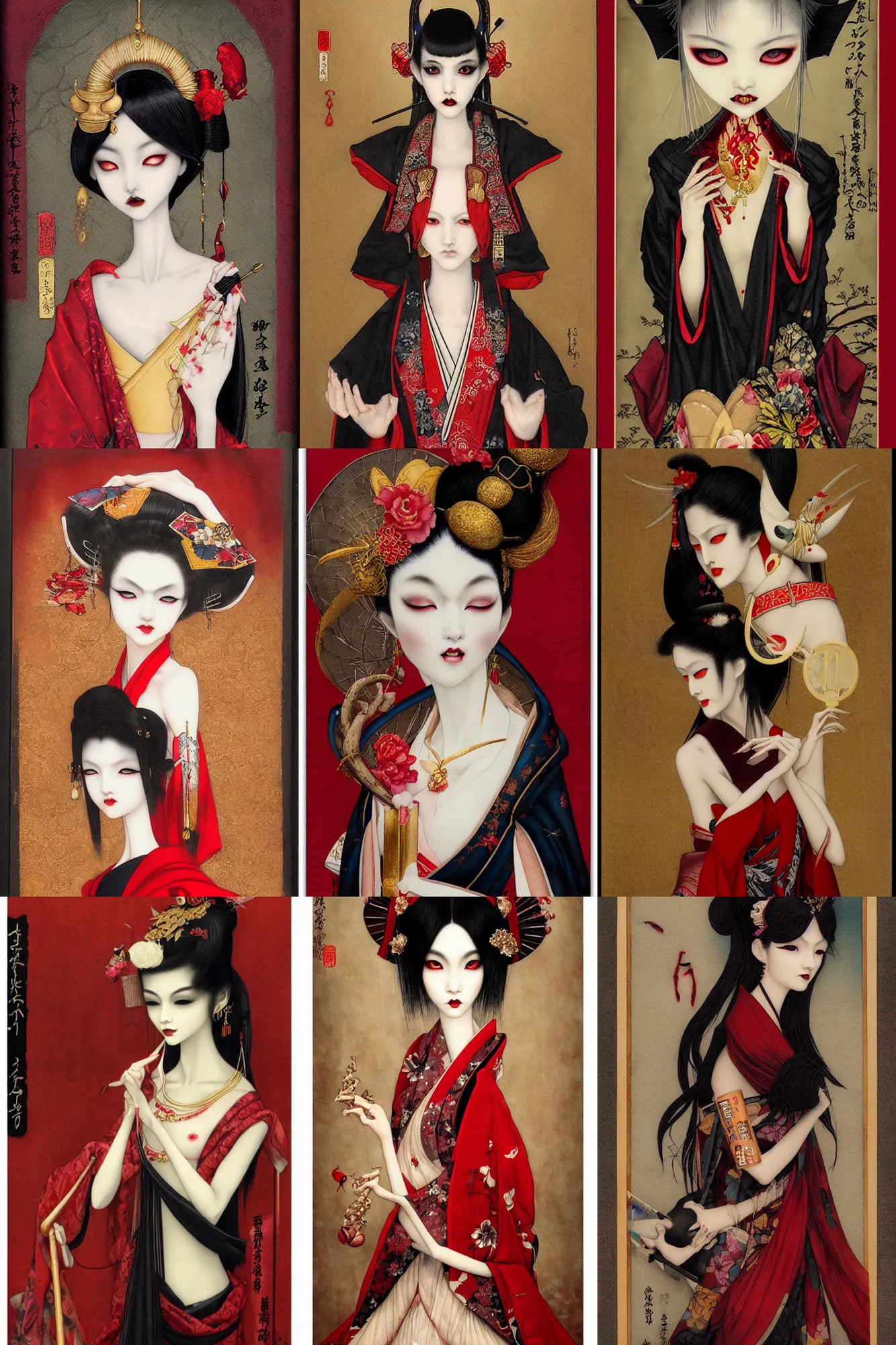 Prompt: watercolor painting of a japanese bjd geisha vampire with a long neck by tom bagshaw, ayami kojima, mark ryden in the style of thoth tarot card, red, gold black