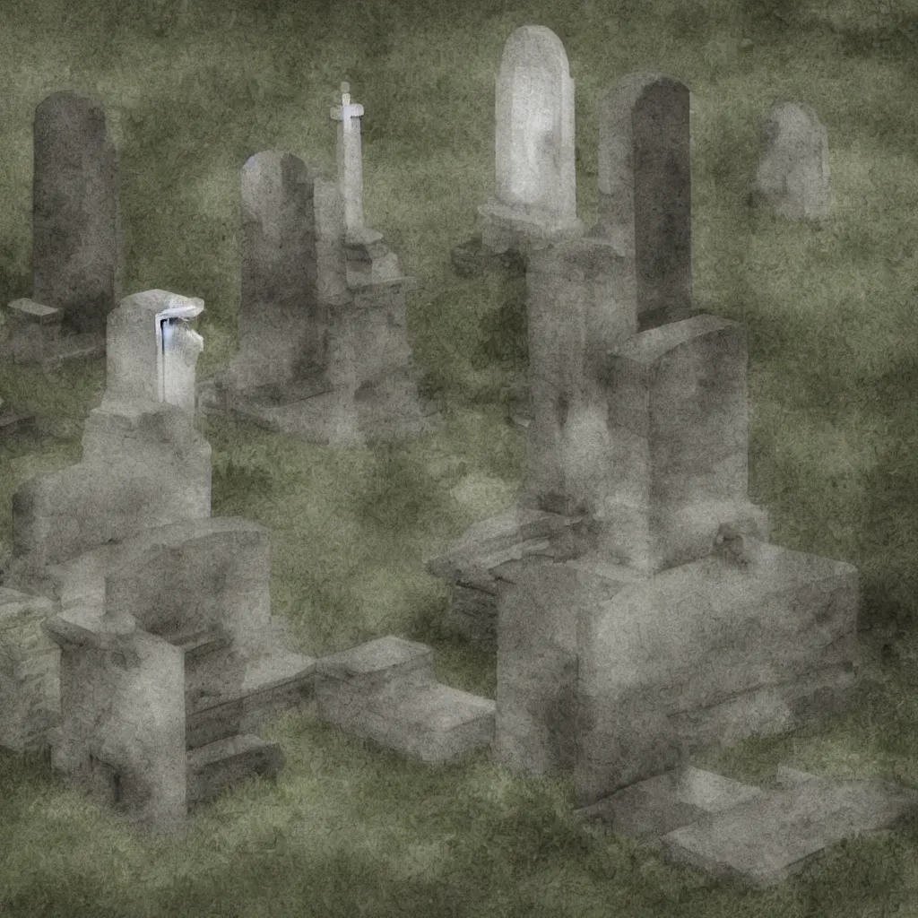 Image similar to a ghost visiting its own grave, digital art