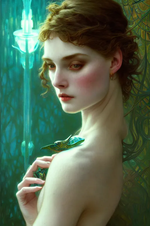 Image similar to pale teal, fantasy, intricate, elegant, dramatic lighting, emotionally evoking symbolic metaphor, highly detailed, lifelike, photorealistic, digital painting, artstation, concept art, smooth, sharp focus, illustration, art by John Collier and Albert Aublet and Krenz Cushart and Artem Demura and Alphonse Mucha