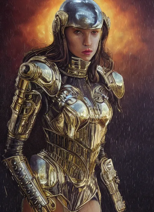 Prompt: symmetry!!! closeup portrait of a biblical diabolical wild hunter girl, fashon golden cyborg armor, in clouds, strong studio lights, thunder, rain! storm, sunset, by gerald brom, by mikhail vrubel, by peter elson, high contrast, muted colors, extreme detail, mirrors, trending on artstation, 8 k