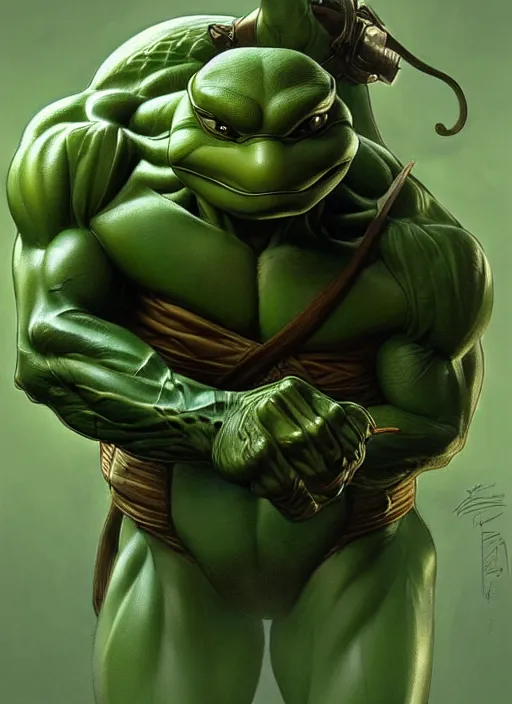 Image similar to portrait of leonardo from teenage mutant ninja turtle, muscular! turtle shell!!!, intricate, elegant, highly detailed, green skin!, digital painting, artstation, concept art, smooth, sharp focus, illustration, art by artgerm and greg rutkowski and alphonse mucha