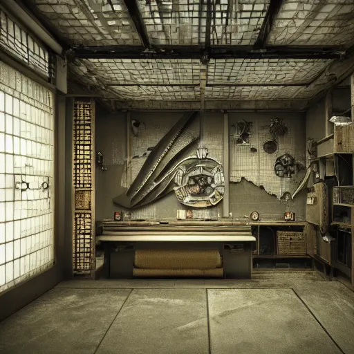 Image similar to detailed render of a japanese repair shop interior room with celestial ephemeral ornaments and hr giger architecture, artstation, greg crewdson, cinematic