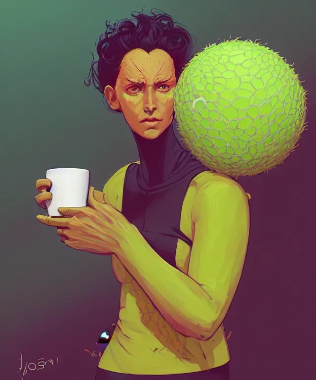 Prompt: a portrait of a tennis ball monster holding a coffee, fantasy, elegant, digital painting, artstation, concept art, matte, sharp focus, illustration, art by josan gonzalez