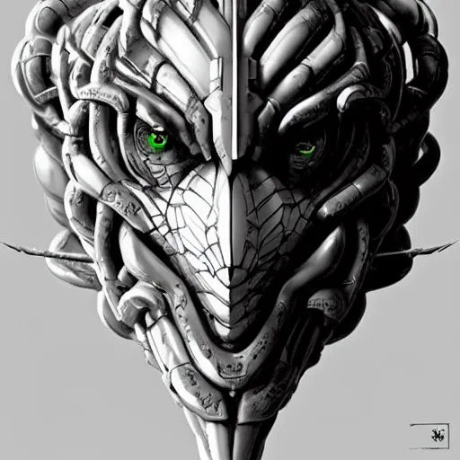 Image similar to a mech version of asian medusa, with a septum nose ring piercing, very symmetrical, highly detailed, by vitaly bulgarov, by joss nizzi, by ben procter, by steve jung, concept art, quintessa, metal gear solid, transformers cinematic universe, concept art world, pinterest, artstation, unreal engine