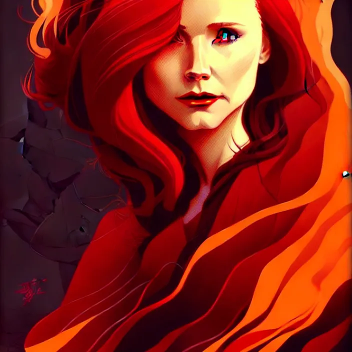 Image similar to style artgerm, joshua middleton, beautiful kristen bell with dark red dress, very long orange hair, symmetrical face, symmetrical eyes, fire powers fire swirling, detailed, volcano setting, cinematic lighting