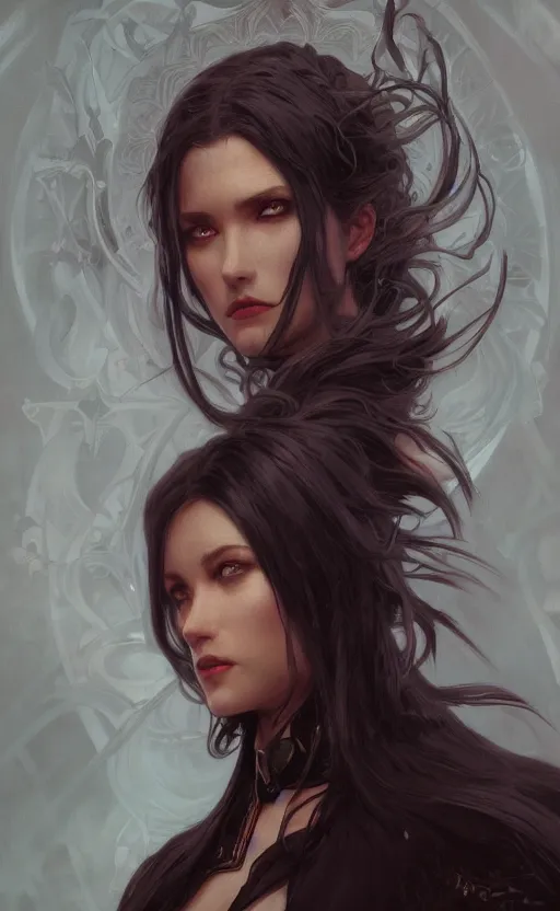 Image similar to portrait of a dark witch, confident, menacing, mysterious, intricate, headshot, highly detailed, digital painting, artstation, concept art, sharp focus, cinematic lighting, illustration, art by artgerm and greg rutkowski, alphonse mucha, cgsociety