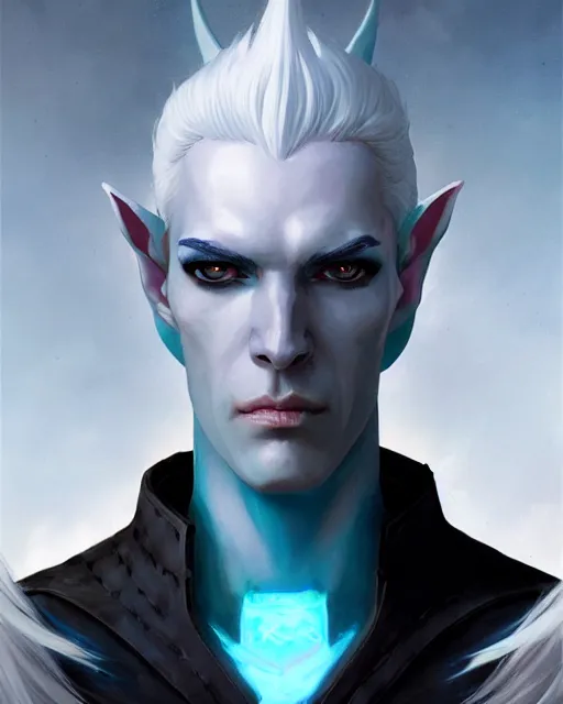 Prompt: character portrait of a slender young half elven man with white hair, piercing turquoise blue eyes, and pale blue skin, wearing sleek black armor, by greg rutkowski, mark brookes, jim burns, tom bagshaw, trending on artstation
