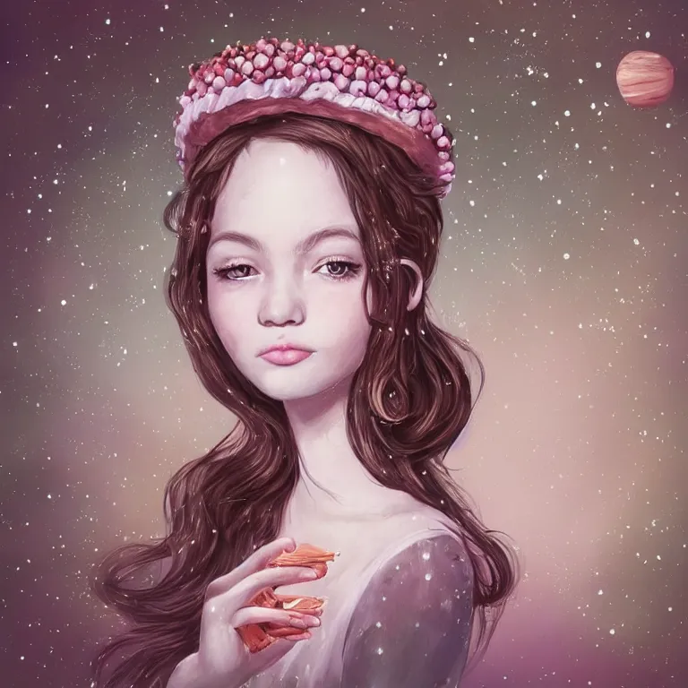 Image similar to a beautiful portrait of a girl on whose head a space and cosmic places like ganache, planets like a whipped frosting or filling made with semisweet chocolate and cream, used for cakes, pastries, and candies, highly detailed, fantasy art