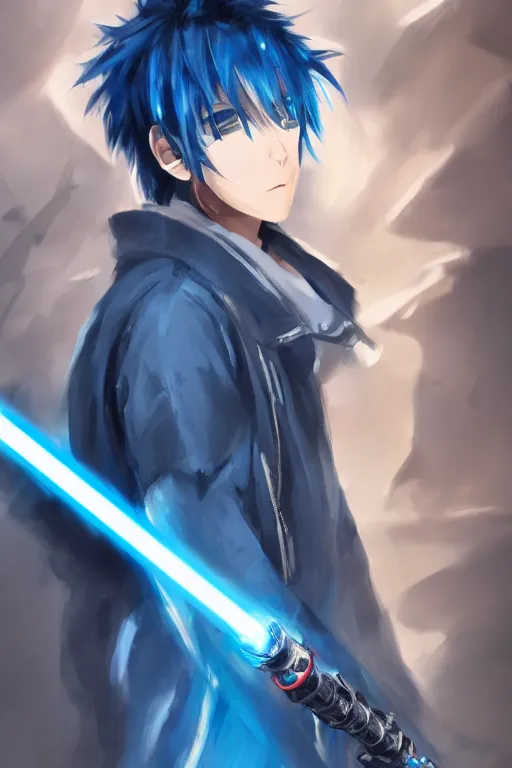 Prompt: anime boy with messy blue hair wearing black long jacket, holding a dual blade lightsaber, WLOP, concept art, digital painting, trending on artstation, highly detailed, epic composition, 8k UHD