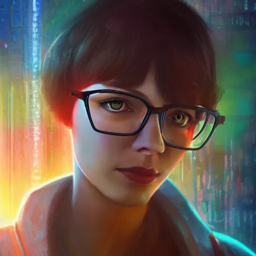 Image similar to cyberpunk velma dinkley, oil painting, intricate, detailed, volumetric lighting, scenery, digital painting, highly detailed, artstation, sharp focus, illustration, concept art,