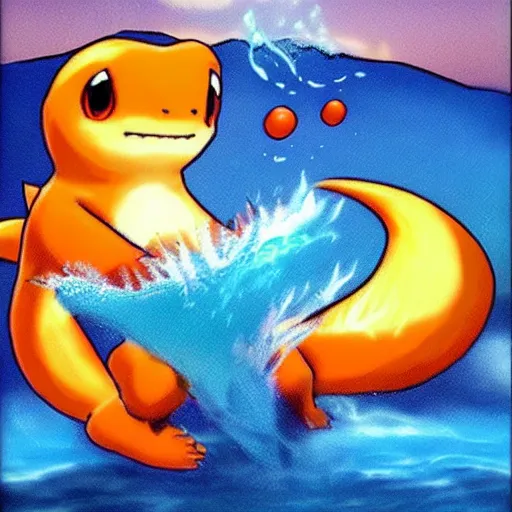 Prompt: charmander ~ water powers ~ realistic ~ blue color ~ ocean background ~