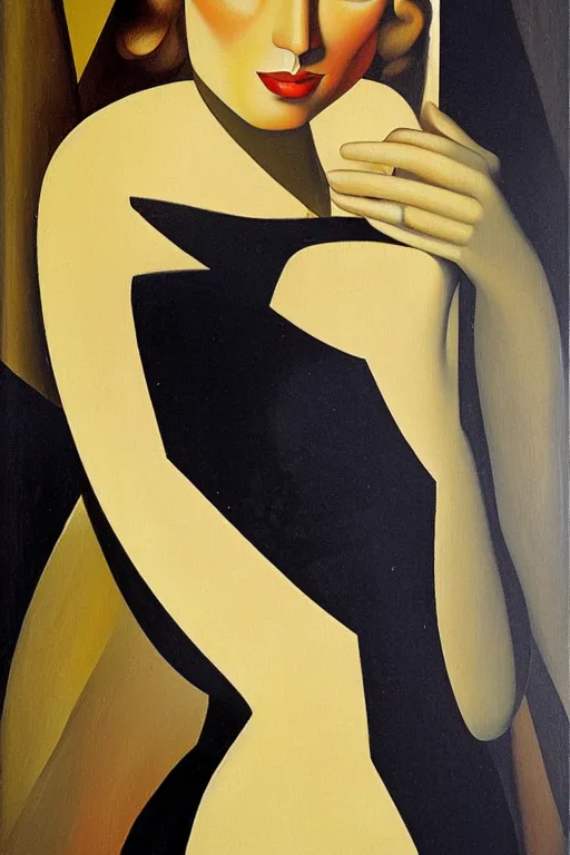 Image similar to olive skinned blonde female model in her twenties by artist tamara de lempicka