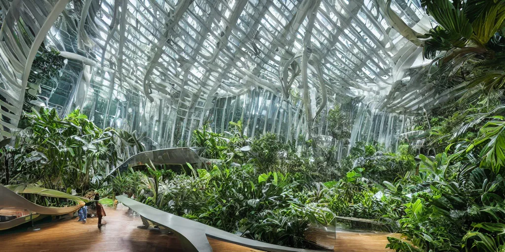 Image similar to lush tropical rainforest with waterfall, interior of bright atrium with lots of natural light, parametric biophilic architecture, atmospheric, zaha hadid and frank gehry inspired, octane 8 k,