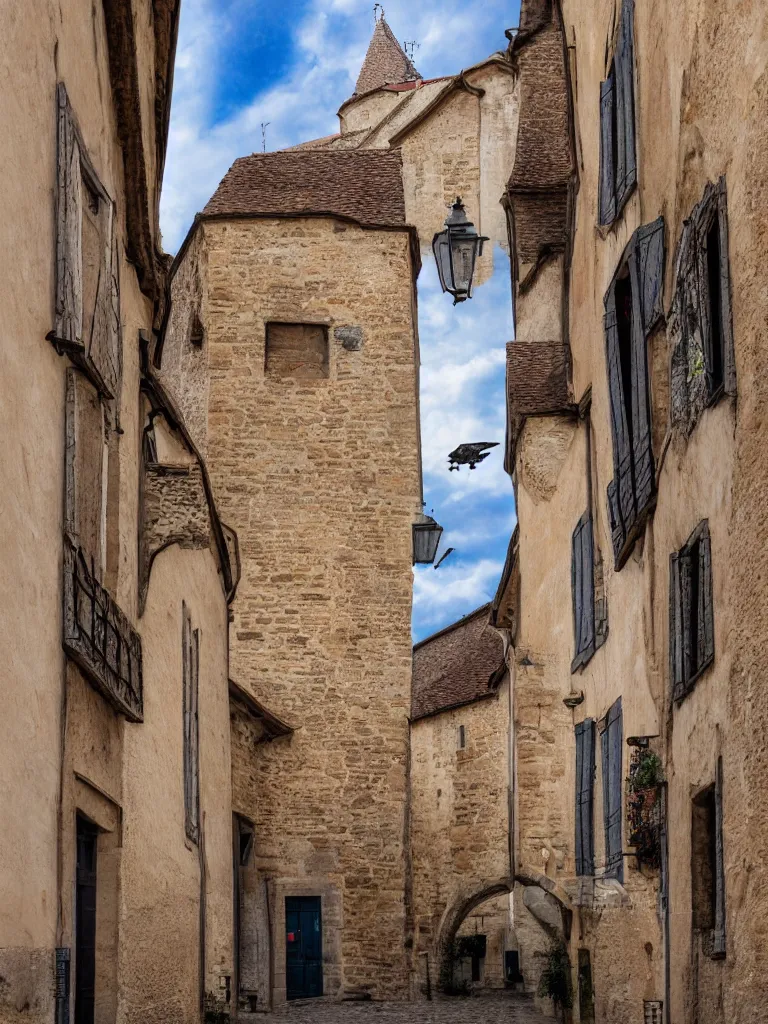 Image similar to painting, photography of a an alien spaceship over the sky in a medieval old city in france