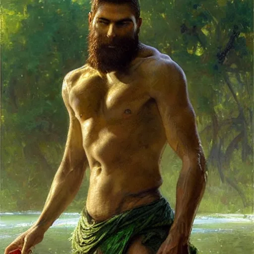 Image similar to young warrior by a river, playful, male, muscular, green eyes!!!!, straight nose!!!!!, beard, detailed face, thighs!!!!! gorgeous, amazing, muscular, intricate, highly detailed, painting by Gaston Bussiere, Craig Mullins