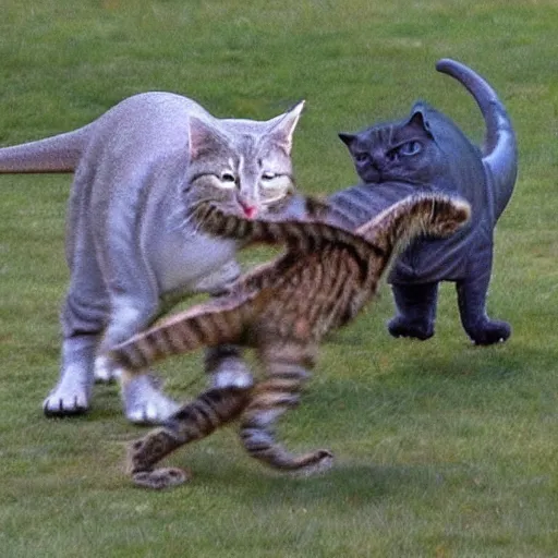 Prompt: dinosaur chasing a cat