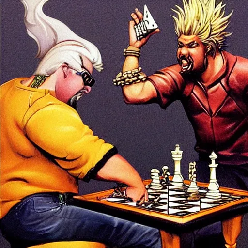 Image similar to A Beholder from Dungeons & Dragons playing chess with Guy Fieri, drawn by Boris Vallejo, highly detailed, intricate rendering