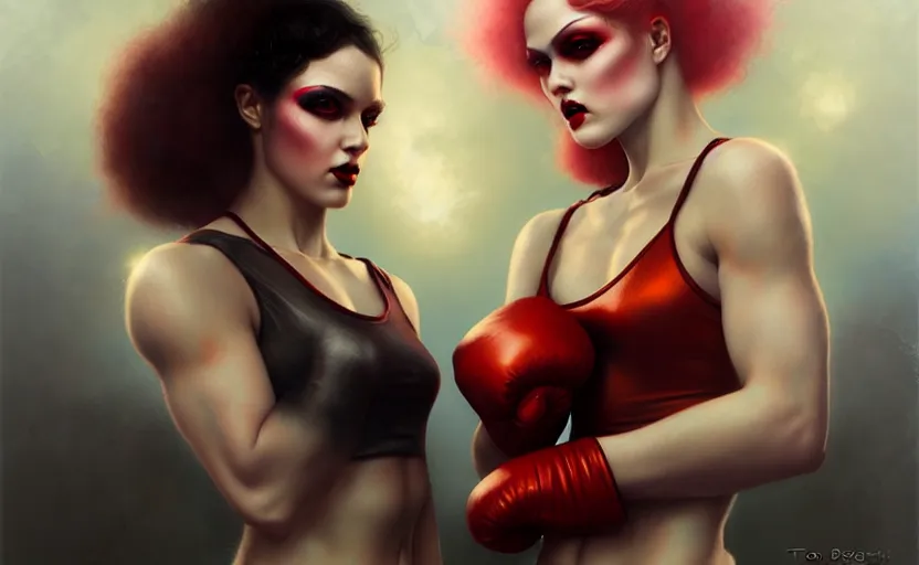Prompt: boxing girl and drag queen by tom bagshaw