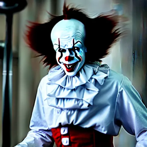 Image similar to a face and body photograph of pennywise dressed as a doctor in a hospital, with a lab coat, with a stethoscope, hyperdetailed, intricate, dramatic, horror movie, movie still, 4 k realistic, volumetric lighting, sharp focus