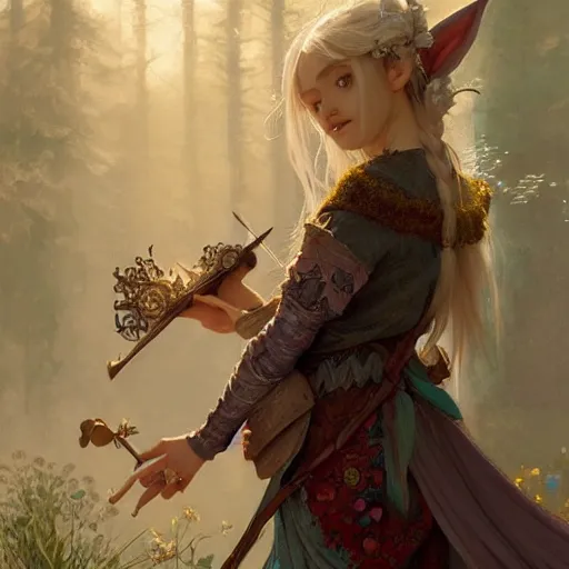 Image similar to elf fairy with a lute wearing a cardigan, blonde, highly detailed, intricate, digital painting, artstation, sharp focus, illustration, art by jakub rozalski, greg rutkowski, artgerm, tan zi and ayanamikodon and alphonse mucha and wlop