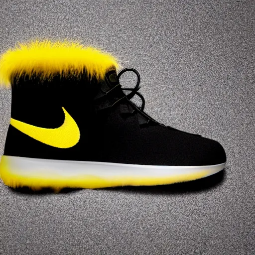 Image similar to nike model shoe made of very fluffy yellow and black faux fur placed on reflective surface, sonic colors professional advertising, overhead lighting, heavy detail, realistic by nate vanhook, mark miner